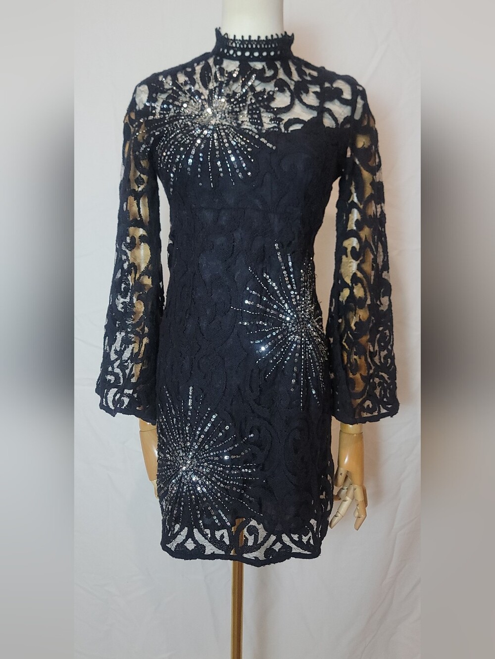 Free People North Star black lace mini dress with sequin starburst, Size 2